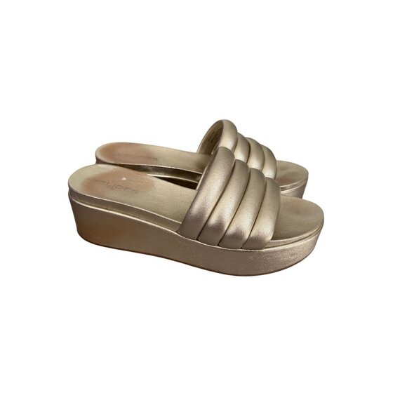 J SLIDES Gold Leather Platform Slides Sandals Size 10 - Picture 8 of 10